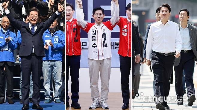 제21대 대통령선거 공식 선거운동이 12일 시작됐다. 왼쪽부터 청계광장에서 출정식에 나선 이재명 더불어민주당 대선 후보, 여의도 당사에서 출정식을 가진 김문수 국민의힘 대선 후보, 연세대를 찾은 이준석 개혁신당 대선 후보. 이동근기자 foto@etnews.com·연합뉴스