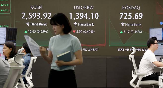 12일 서울 중구 하나은행 딜링룸에서 딜러들이 업무를 보고 있다. 코스피는 전 거래일(2577.27)보다 16.67포인트(0.65%) 상승한 2593.94에, 코스닥 지수는 전 거래일(722.52)보다 1.95포인트(0.27%) 오른 724.47에 거래를 시작했다. 서울 외환시장에서 원·달러 환율은 전 거래일 주간거래 종가(1400원)보다 5원 내린 1395원에 주간 거래를 시작했다./사진=뉴시스