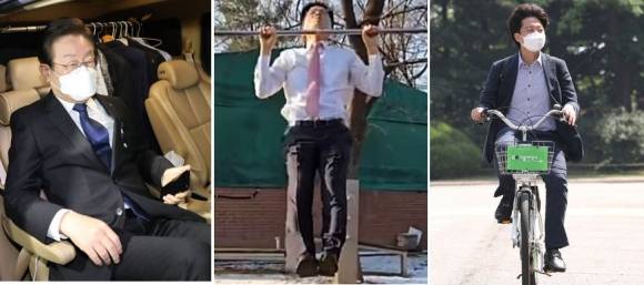 이재명 더불어민주당 대선 후보는 어디서든 금방 잠들어 차에서도 휴식을 취하며 체력을 보충하는 것으로 알려졌다(왼쪽). 김문수 국민의힘 대선 후보는 턱걸이를 건강 비결로 꼽았다(가운데). 오른쪽 사진은 이준석 개혁신당 대선 후보가 과거 따릉이를 타고 국회에 출근하는 모습. 서울신문 DB