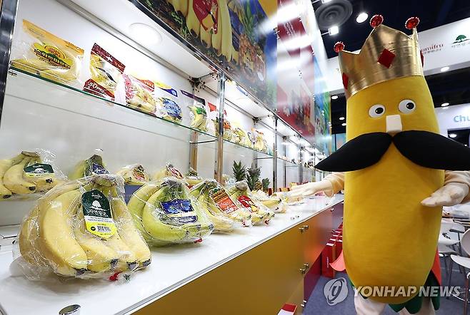'바나나 왕의 등장' (서울=연합뉴스) 김성민 기자 = 20일 서울 강남구 코엑스에서 열린 식품 종합전시회 '2024 코엑스 푸드위크'에서 바나나 인형 탈을 홍보모델이 바나나에 대해 설명하고 있다. 2024.11.20 ksm7976@yna.co.kr