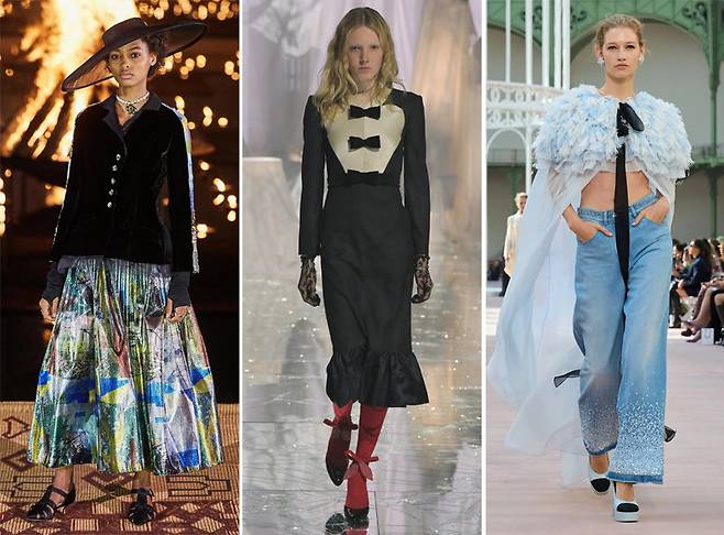고전적인 스타일을 현대적으로 재해석한 ‘네오 부르주아’가 최근 패션 트렌드로 떠오르고 있다. 벨벳 재킷에 풀 스커트와 챙이 넓은 모자를 매치한 2020년 디오르 컬렉션(왼쪽 사진), 올해 봄여름 컬렉션에서 새틴과 벨벳 소재를 믹스한 드레스 룩을 선보인 발렌티노(가운데 사진), 캐주얼 아이템을 믹스 매치한 샤넬. 각 브랜드 제공