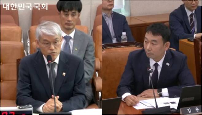 김용민 더불어민주당 의원(오른쪽)이 14일 국회에서 열린 법제사법위원회 전체회의에서 천대엽 법원행정처장(왼쪽)에게 질의를 하고 있다. 국회의사중계시스템 갈무리