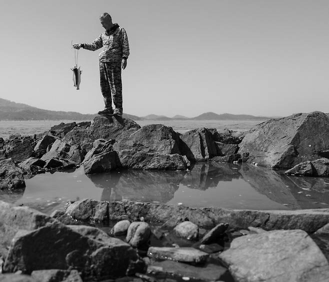 전라남도 신안의 섬들을 어슬렁거리다가 너를 잡던 최문갑 형님을 만났지. “어떻게? 삼마이 그물로 잡지라. 썰물 때 갯강에 드리워놓으면 밀물 때 숭어가 쓰윽 밀려 들어왔다가 나가면서 그물에 걸리는 거요.” 한낮의 갯가에서 숭어 씻는 아재를 보며 어쩌다 정희성의 시 ‘저문 강에 삽을 씻고’가 떠오른 것인지. 2023년 봄 팔금도.