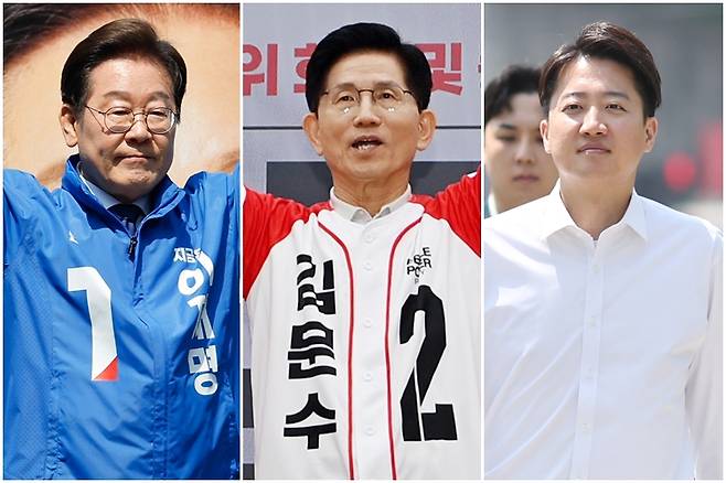 광화문 청계광장에서 열린 중앙선대위 출정식 및 첫 유세에 나선 더불어민주당 이재명(왼쪽부터), 여의도 국민의힘 중앙당사에서 열린 중앙선대위 임명장 수여식에 참석한 국민의힘 김문수, 연세대학교 캠퍼스 방문한 개혁신당 이준석 대선 후보 ⓒ연합뉴스