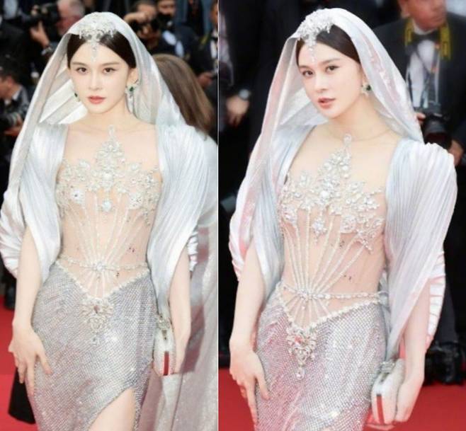 제78회 칸 국제영화제 개막식 레드카펫에 시스루 의상으로 선 자오잉쯔. /웨이보 캡처 갈무리