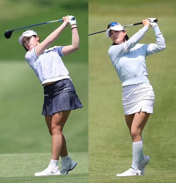 2025년 한국여자프로골프(KLPGA) 투어 제17회 두산 매치플레이 대회에 출전한 박현경, 박결 프로가 첫날 조별리그 1라운드에서 경기하는 모습이다. 사진제공=KLPGA