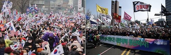 생태계의 관점에서 진보가 없는 보수는 멸종하고, 보수가 없는 진보는 혼란으로 빠진다. 사진은 윤석열 대통령 탄핵 찬성과 반대 집회 현장. 한겨레 자료사진