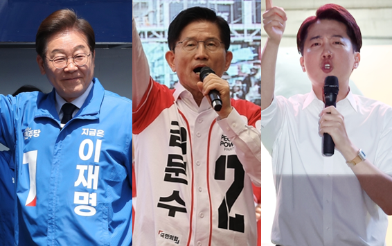 (왼쪽부터) 이재명 더불어민주당 대선 후보, 김문수 국민의힘 대선 후보. 오승현 기자, 이준석 개혁신당 대선 후보. 연합뉴스