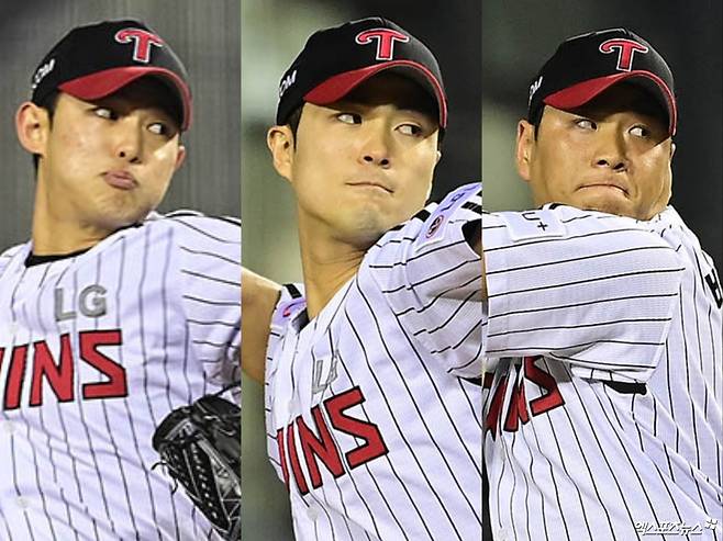 핵심 불펜 요원들이 빠진 LG는 김영우-백승현-배재준(왼쪽부터)의 활약에 기대를 걸어본다. 엑스포츠뉴스 DB