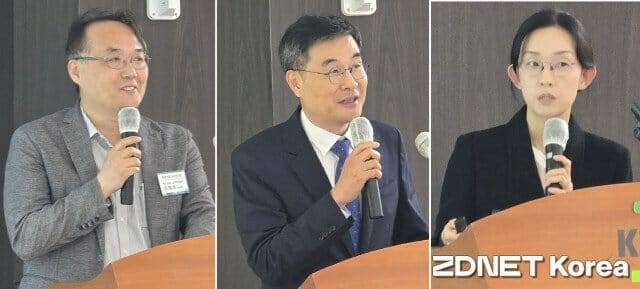 방위산업지식연구회 주제발표자로 나선 유제정 KRX혁신센터장과 LKB&파트너스 전익수, 손미희 변호사.(왼쪽부터)