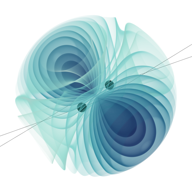 두 블랙홀이 스쳐 지나갈 때 방출되는 중력파의 에너지를 시뮬레이션한 그림. 두 블랙홀은 중력 때문에 궤적이 휘어진다. 그림에서 어두울수록 에너지가 높다. 중력파를 정밀하게 모형화하면 블랙홀의 충돌 등 복잡한 우주 현상에 대한 이해를 심화할 수 있다. 마티아스 드리세·독일 훔볼트대 제공