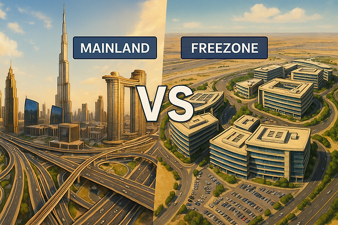 두바이에서 법인을 설립하고자 한다면, 가장 먼저 고민해야 할 것은 프리존(Free Zone)과 메인랜드(Mainland) 중 바로 어디에 세울 것인가다. /사진=DALL.E