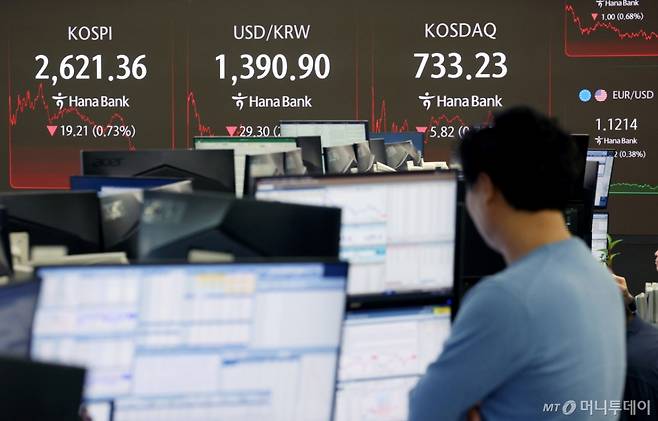 15일 서울 중구 하나은행 딜링룸에서 딜러들이 업무를 보고 있다. /사진=뉴시스