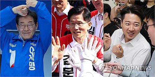 시민들과 소통하는 이재명·김문수·이준석 대선후보들 (서울=연합뉴스) 황광모 박동주 유영석 기자 = 14일 더불어민주당 이재명 대선 후보(사진 왼쪽부터)가 부산진구 서면에서, 국민의힘 김문수 대선 후보가 경남 진주시 진주광미사거리에서, 개혁신당 이준석 대선 후보가 부산 금정구 부산대학교에서 시민들과 소통하고 있다. 2025.5.14 photo@yna.co.kr