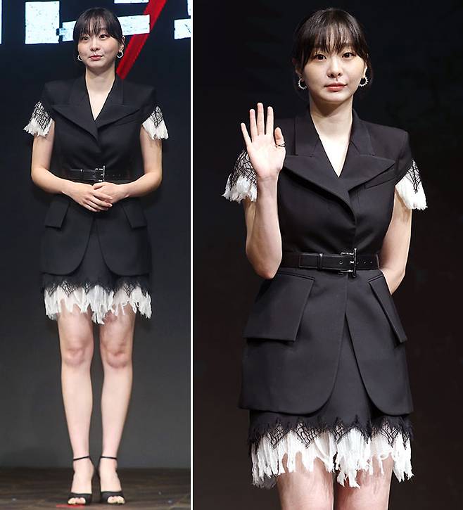 배우 김다미가 지난 14일 서울 종로구 JW 메리어트 동대문 스퀘어 서울에서 열린 디즈니+ 오리지널 시리즈 '나인 퍼즐' 제작발표회에서 매혹적인 레이스 패션을 선보였다./사진=뉴시스, 뉴스1