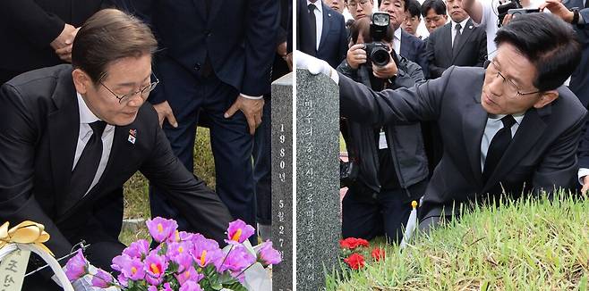 더불어민주당 이재명 대통령 후보(왼쪽 사진)와 국민의힘 김문수 대선 후보(오른쪽 사진)가 17일 광주 북구 운정동 국립5·18민주묘지를 찾아 김동수 열사 묘역과 무명열사 묘역을 각각 참배하고 있다. ⓒ연합뉴스
