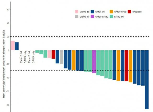 변이 유형별 종양 감소 비율. 가장 많은 감소를 보인 환자 변이는 G719X 단일 변이였다(그래프 제공=세브란스)