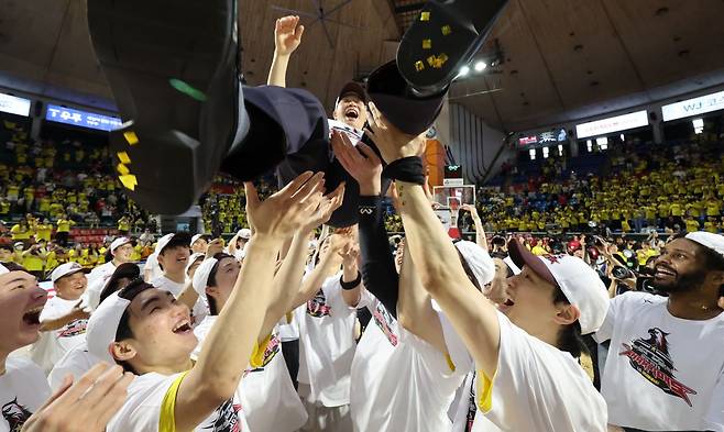 조상현(가운데) 창원 LG 감독이 17일 서울 잠실학생체육관에서 2024-2025 프로농구 KBL 챔피언결정전 우승을 차지한 뒤 선수들로부터 헹가래를 받고 있다. 연합뉴스
