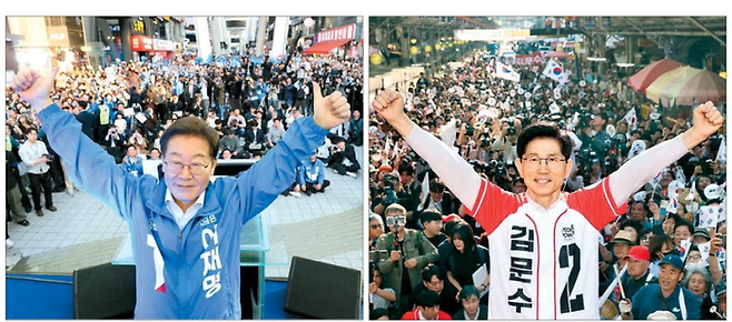 공식 선거운동이 시작된 12일 이재명 더불어민주당 대선후보와 김문수 국민의힘 후보의 모습. <김호영 기자·연합뉴스>