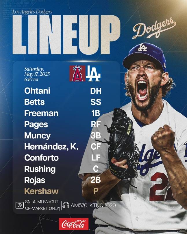 18일 LA 에인절스전 LA 다저스의 선발 라인업. 김혜성의 이름은 빠져 있다. /사진=LA 다저스 공식 SNS