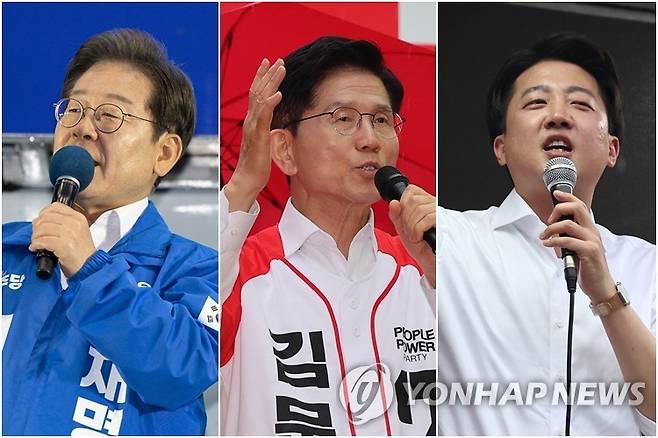 이재명, 김문수, 이준석 후보 (정읍·청주·천안=연합뉴스) 16일 정읍 유세 나선 이재명 후보(왼쪽부터), 청주에서 집중 유세하는 김문수 후보, 천안에서 지지 호소하는 이준석 후보