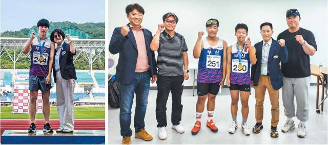 전국소년체육대회 육상 사전경기에서 부산시교육청 선수들이 우수한 성적을 거뒀다. 남중 100m 금메달 등 메달 3개를 획득한 부산대신중학교 이건호 선수(맨 왼쪽)와 부산체육중학교 박관우, 문보현 선수(오른쪽 사진 왼쪽에서 세 번째와 네 번째). 부산시교육청 제공