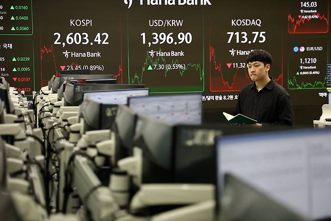 코스피 지수가 전장보다 23.45포인트(0.89%) 내린 2,603.42로 장을 마감한 19일 서울 하나은행 본점 딜링룸에서 딜러들이 업무를 보고 있다. /연합뉴스
