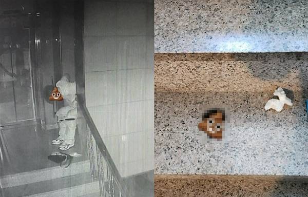 경주 한 상가 건물 계단에 대변 테러를 하고 간 남성을 찾는다는 사연이 전해졌다. 사진은 한 남성이 상가 건물 계단에 대변테러를 하는 모습과(왼쪽) 남성이 남기고 간 흔적. /사진=온라인 커뮤니티 캡처