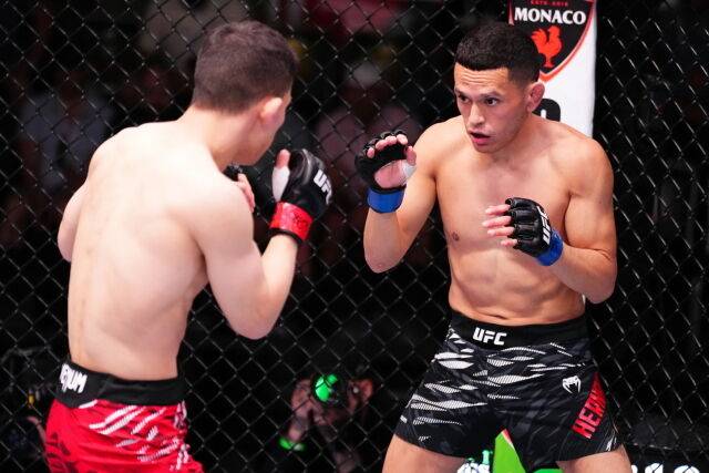 박현성(왼쪽)이 에르난데스와 거리를 좁히며 타격 기회를 엿보고 있다. /UFC 제공