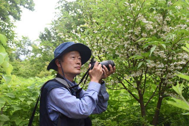 이흥식 농림축산검역본부 농업 연구관 겸 벌 연구모임인 벌볼일있는사람 공동대표가 야생벌을 촬영하고 있다. 벌볼일있는사람들 제공