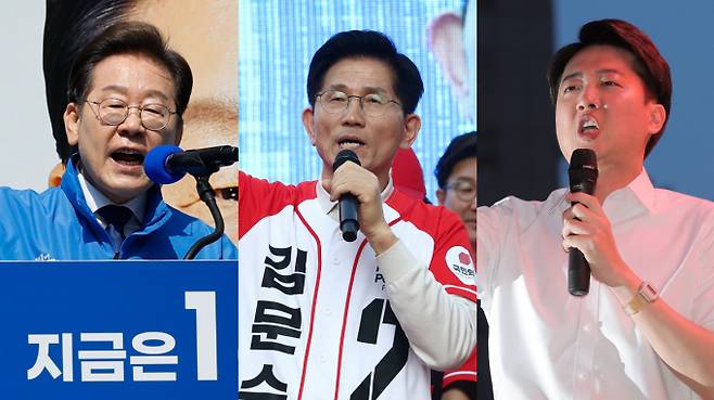 제21대 대통령 선거 공식 선거운동 첫날인 12일 이재명 더불어민주당(왼쪽부터), 김문수 국민의힘, 이준석 개혁신당 대통령 후보가 각각 지지를 호소하고 있다. / 사진=뉴스1 안은나 기자, 김민지 기자, 박정호 기자