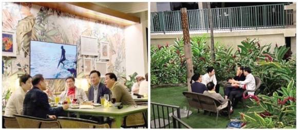 홍준표 전 대구시장의 선거대책위원회 합류를 설득하기 위해 미국 하와이에 도착한 국민의힘 특사단이 18일(현지시간) 빅아일랜드 모처에서 홍 전 시장과 회동하고 있다. 왼쪽 두 번째 홍 전 시장부터 시계 방향으로 이성배 선대위 대변인, 김대식 의원, 유상범 의원, 조광한 경기 남양주병 당협위원장(왼쪽 사진). 오른쪽 사진은 또 다른 장소에서 만나 이야기하는 모습. 김대식 국민의힘 의원 제공