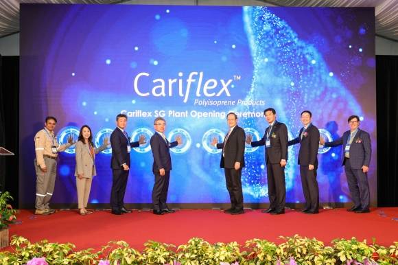DL케미칼 자회사 ‘카리플렉스’가 지난 14일 싱가포르 주롱섬에 세계 최대 규모의 폴리이소프렌 라텍스 공장을 준공한 가운데 김종현(왼쪽 네 번째) DL케미칼 대표이사 부회장과 탄 시렁(다섯 번째) 싱가포르 인력부 장관 등 주요 참석자들이 기념 촬영을 하고 있다. DL케미칼 제공