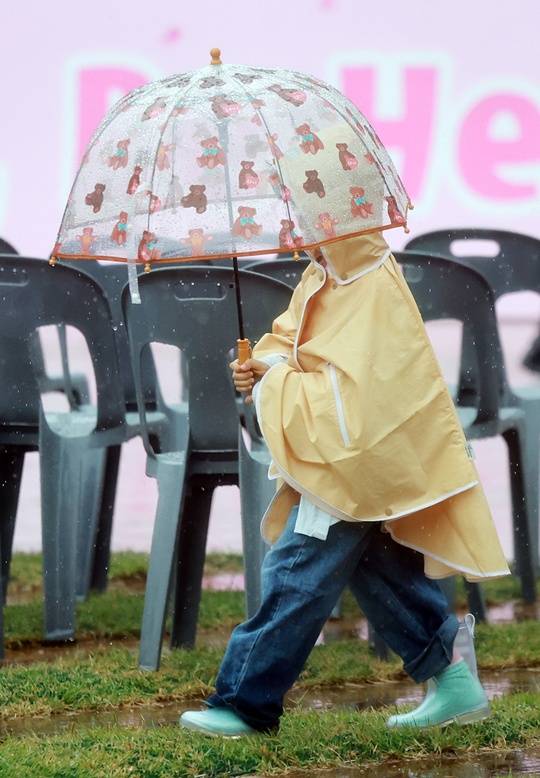 한 어린이가 지난 1일 비 내리는 서울광장을 우산을 눌러쓰고 걸어가고 있다.(사진/뉴스1)