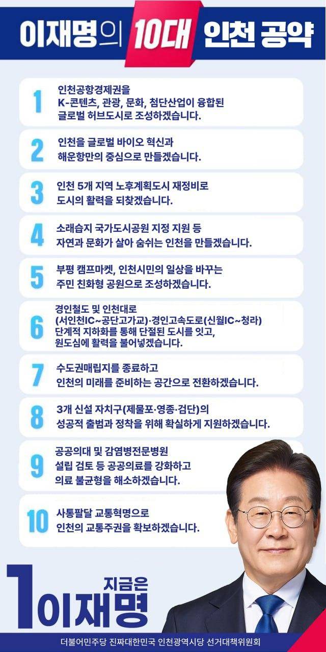 이재명 더불어민주당 대선 후보의 '10대 인천 공약'. 민주당 인천시당 제공