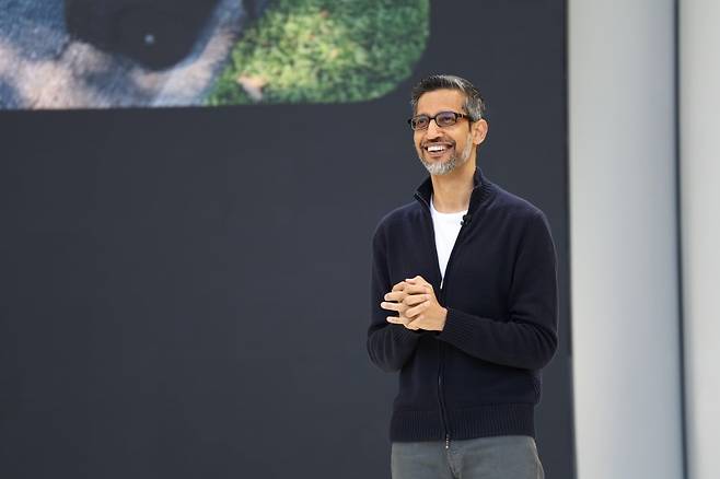 20일(현지시간) 미국 마운틴뷰 구글 본사에서 열린 개발자대회(I/O) 현장에서 순다르 피차이 구글 CEO가 기조연설하고 있다./ 구글 제공