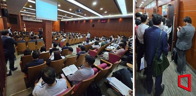 국토교통부가 21일 서울 영등포구 금융투자협회에서 개최한 '부동산 산업 선진화를 위한 리츠 및 PF 정책 설명회'에 참석한 리츠·주택·건설·부동산개발 업계 관계자들. 행사장 내부는 물론 복도에서 서서 설명을 들을 정도로 현장은 북새통을 이뤘다. 최서윤 기자