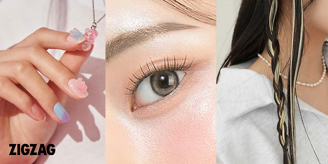 (왼쪽부터) ‘엣지유 붙이는 젤네일’, ‘코링코 톡톡하라 노글루 속눈썹’, ‘수앤수 헤어 브릿지 피스’. 지그재그 제공