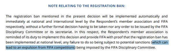 FIFA 징계결정문 내용 일부