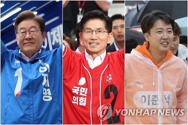 이재명, 김문수, 이준석 후보 (서울=연합뉴스) 19일 서울 영등포구 타임스퀘어에서 유세하는 이재명 후보(왼쪽부터), 서울역 광장에서 유세하는 김문수 후보, 17일 홍대패션거리에서 유세하는 이준석 후보