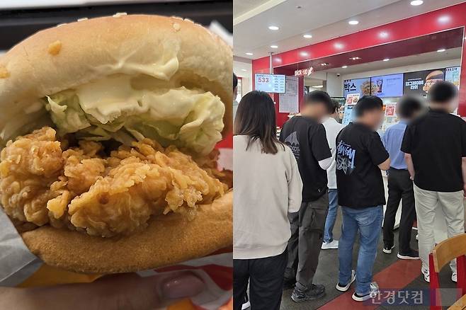 서울 영등포구 한 패스트푸드점에서 판매하는 햄버거(왼쪽)와 점심시간 인근 직장인들이 햄버거를 먹기 위해 줄 선 모습(오른쪽). /사진=이민형 기자