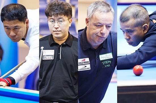 종반전을 향하고 있는 호치민3쿠션월드컵 우승 향배가 허정한-황봉주, 야스퍼스-트란퀴옛치엔(왼쪽부터) 4강 대결로 압축됐다. (사진=SOOP)