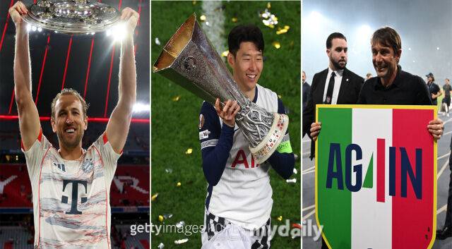 우승 세리머니를 펼치는 케인(왼쪽), 손흥민(가운데), 콘테 감독. /게티이미지코리아