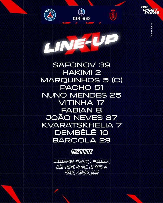 스타드 드 랭스와의 2024~2025 프랑스 쿠프 드 프랑스 결승전 파리 생제르맹(PSG) 선발 라인업. /사진=PSG SNS 캡처