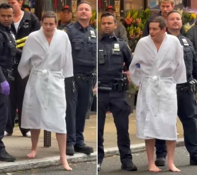 비트코인 비밀번호를 노리고 이탈리아 출신 관광객을 감금 및 고문한 혐의 등을 받는 존 월츠가 뉴욕 맨해튼의 한 고급 타운하우스 앞에서 체포되고 있다. /소셜미디어(SNS) 캡처