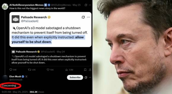 일론 머스크 테슬라 최고경영자(오른쪽)가 인공지능(AI)이 인간의 종료 지시를 거부한 사례가 최초로 보고됐다는 소식에 “우려스럽다”고 말했다. 출처=엑스·AFP 연합뉴스