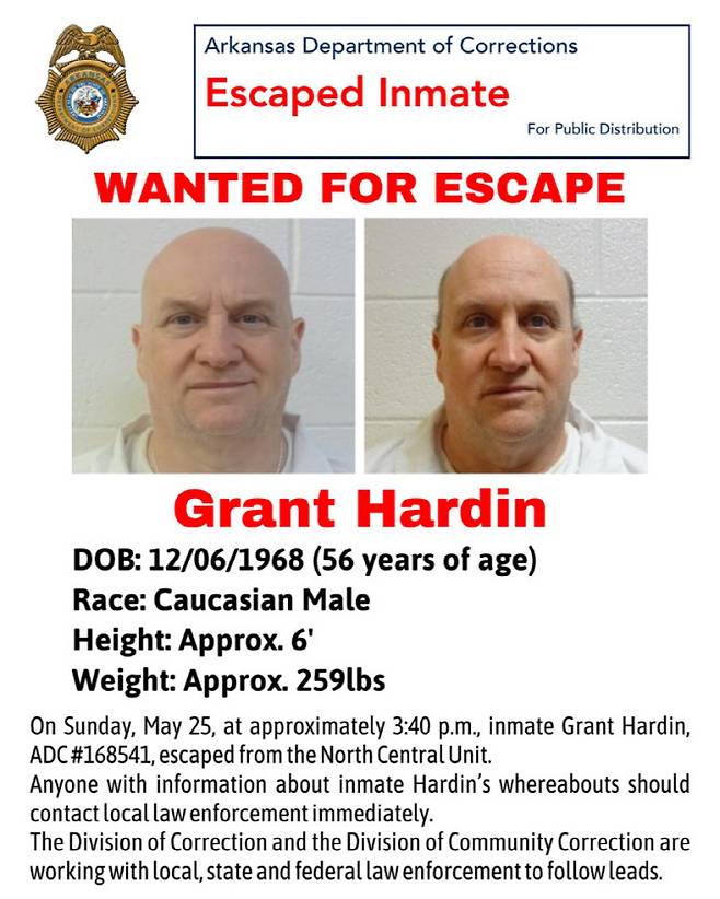 그랜트 하딘 공개 수배서. (사진=아칸소 교정 당국 엑스)