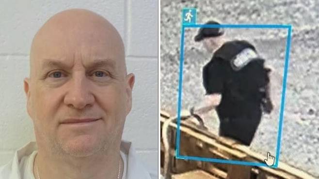 미국에서 살인·강간 등 흉악한 범죄를 저지른 뒤 중형을 선고받고 복역 중이던 전직 경찰서장 그랜트 하딘(왼쪽)이 탈옥했다. 보안 카메라 정지화면에 잡힌 하딘의 탈출 당시 모습. /아칸소 교정당국 소셜미디어(SNS)