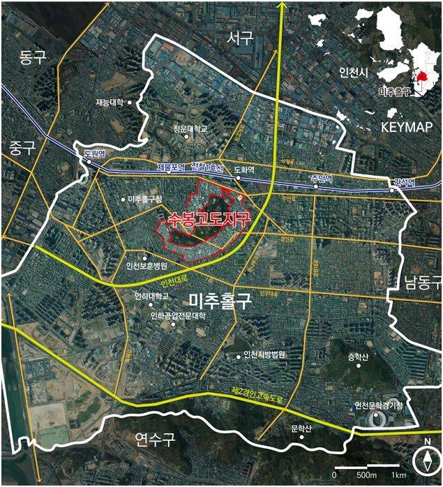 인천시는 수봉공원 일대의 고도 제한 규제를 도시 여건에 맞게 합리적으로 완화한다. 수봉고도지구 위치도. 인천시 제공.