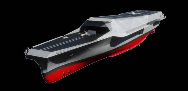 HD현대중공업이 ‘MADEX 2025’ 부스에서 처음 선보이는 1만5000t급의 미래형 무인전력모함(HCX-Puls) 모형. HD현대중공업 제공